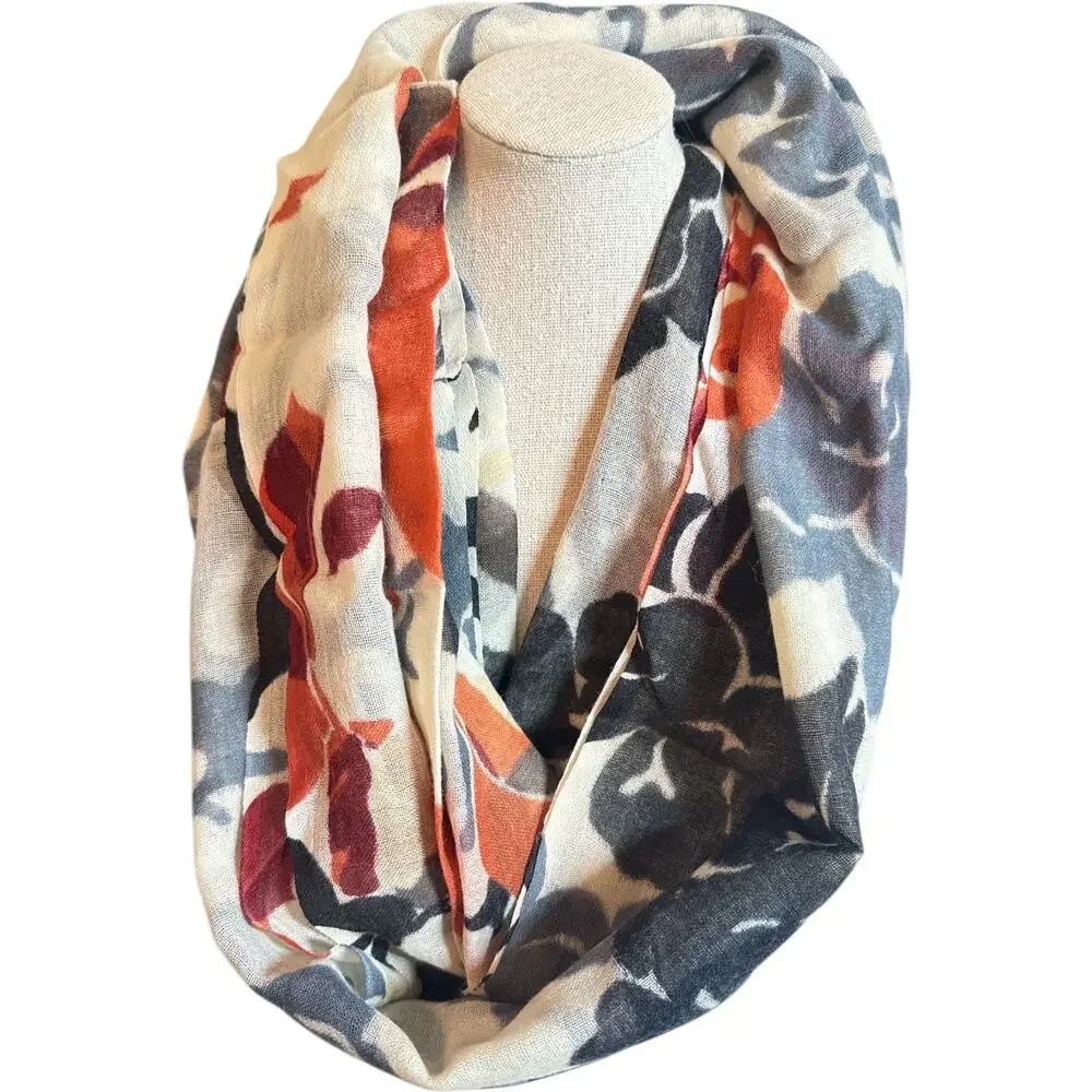 Saachi Floral Infinity Scarf Cream Blue Rust Lightweight Loop EUC 35” x 27”